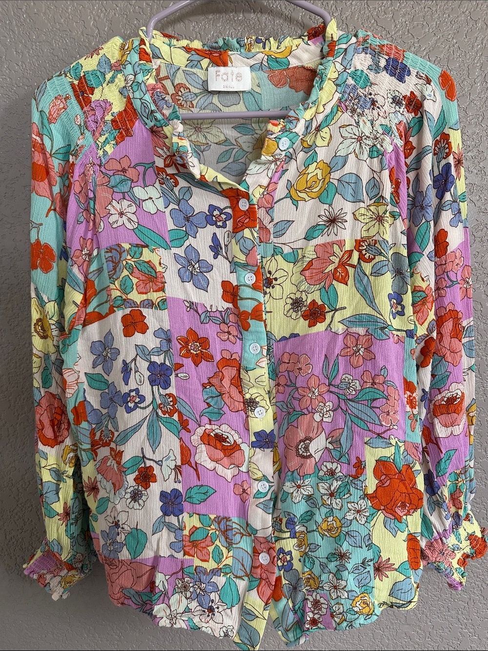 Fate Patchwork Floral Button-Down Blouse in Multicolor Pastels